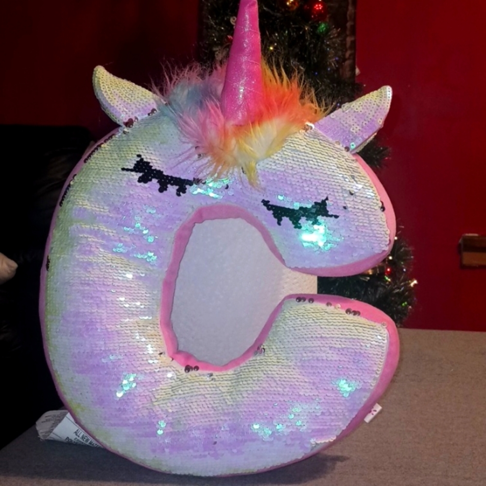 Justice Letter C Sequins unicorn pillow